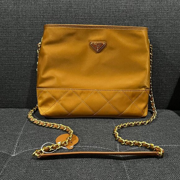 Trendy Prada Nylon Quilted Shoulder Bag in Mustard Yellow